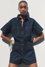 Denim Utility Playsuit with Chest Pockets – Women's Short Boilersuit