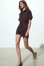 Denim Utility Playsuit with Chest Pockets – Women's Short Boilersuit