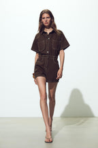 Denim Utility Playsuit with Chest Pockets – Women's Short Boilersuit