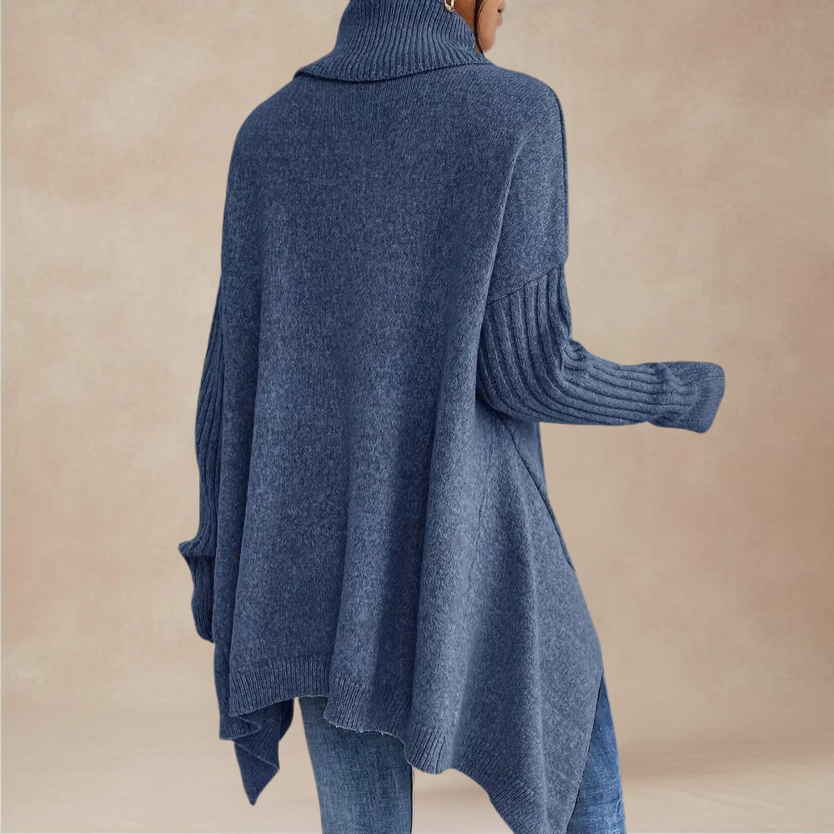 Women's Oversized Roll-Neck Sweater with Ribbed Long Sleeves and Draped