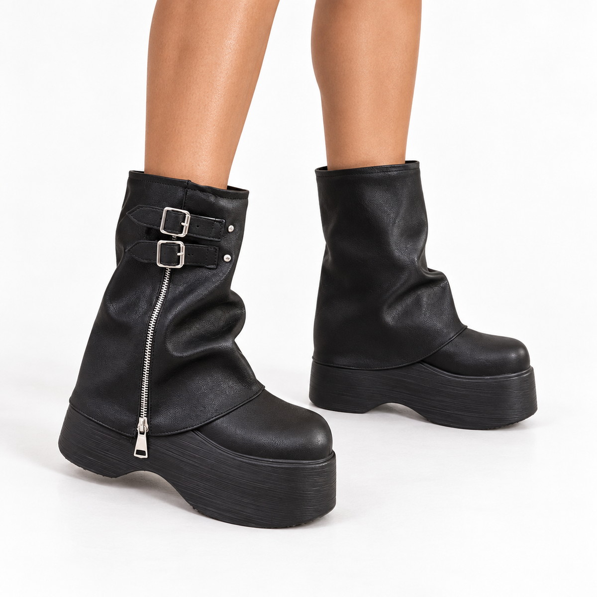 Women's Platform Mid-Calf Boots – Buckled Side-Zip Chunky Style