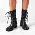 Women's Mid-Calf Split-Toe Boots – Lace-Tie Low Block-Heel Style