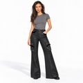 Women's Low-Rise Faux Leather Flared Cargo Trousers