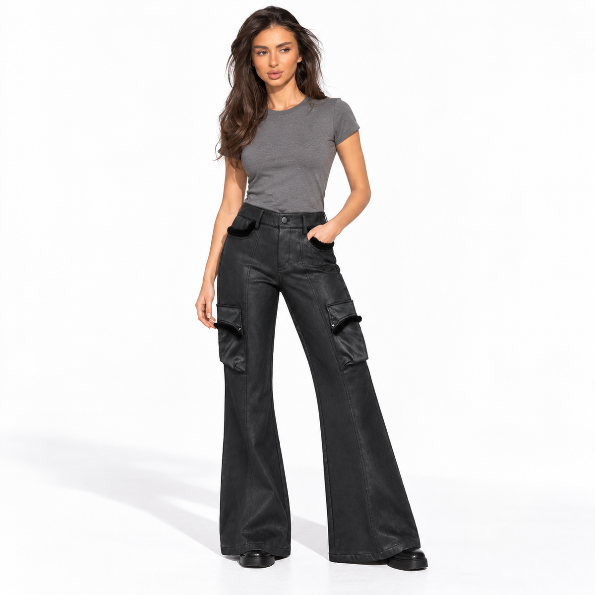 Women's Low-Rise Faux Leather Flared Cargo Trousers