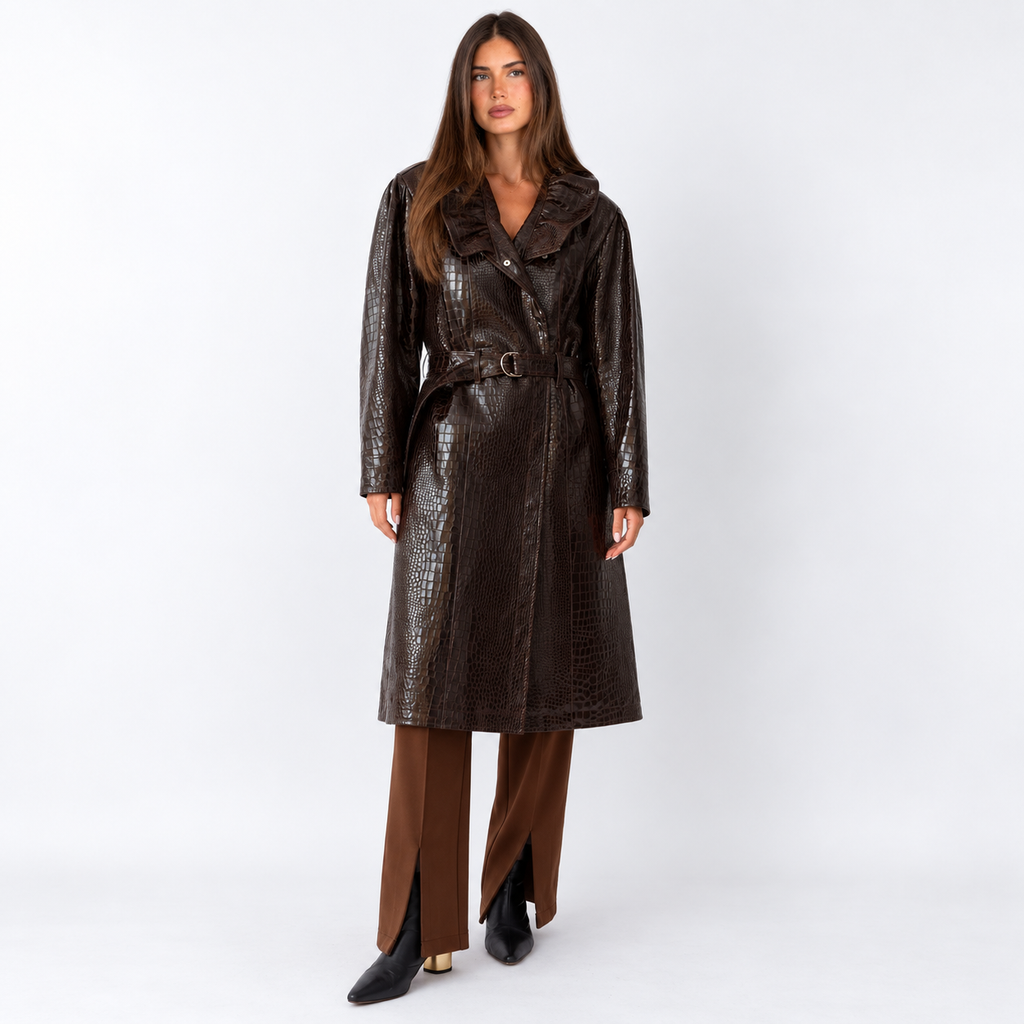 Women's leather-look Trench Coat with Wide Buckled Belt