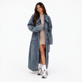 Women's Long Denim Trench Coat with Oversized Collar and Tie Belt