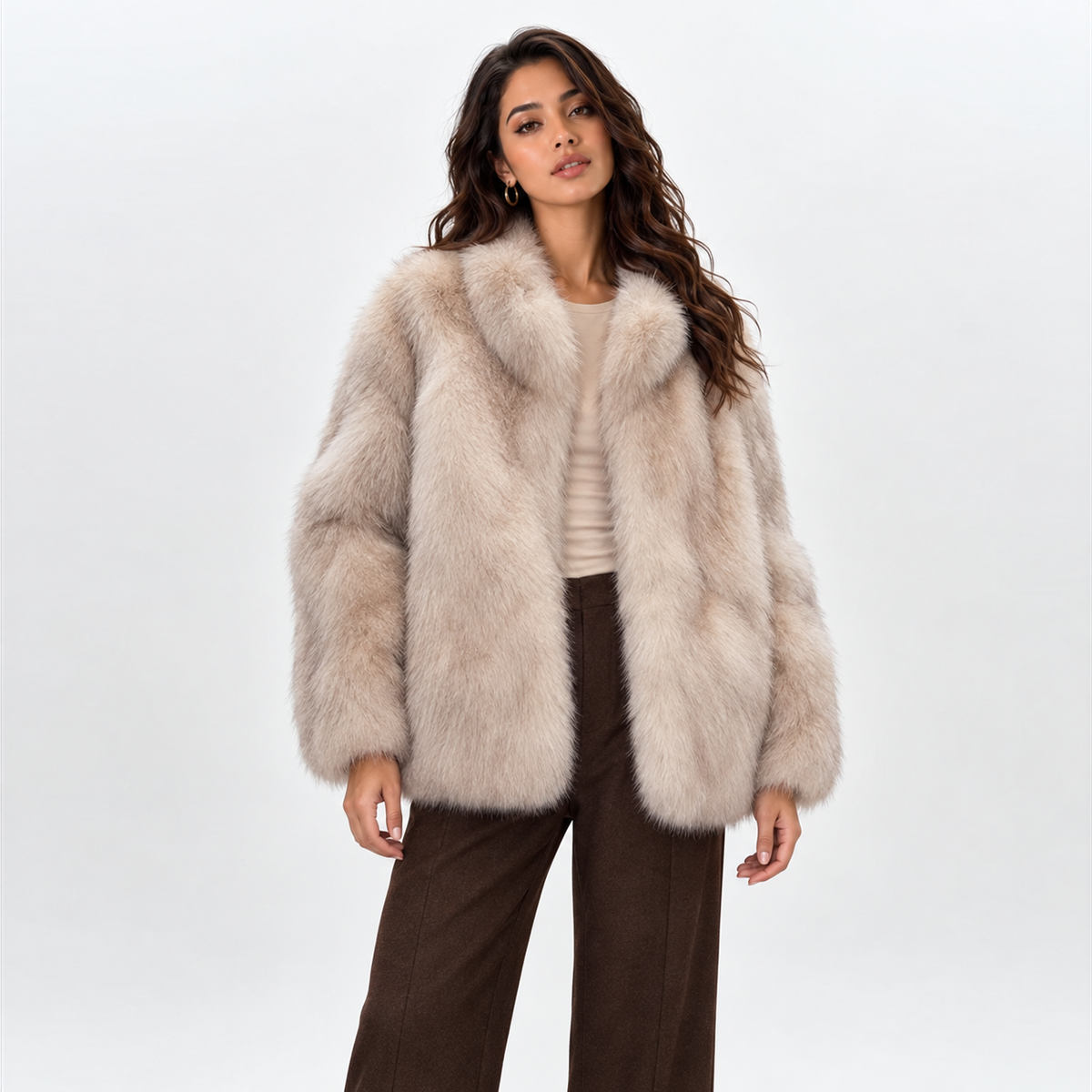 Women's Plush Faux-Fur Short Coat – Tonal High-Collar Style