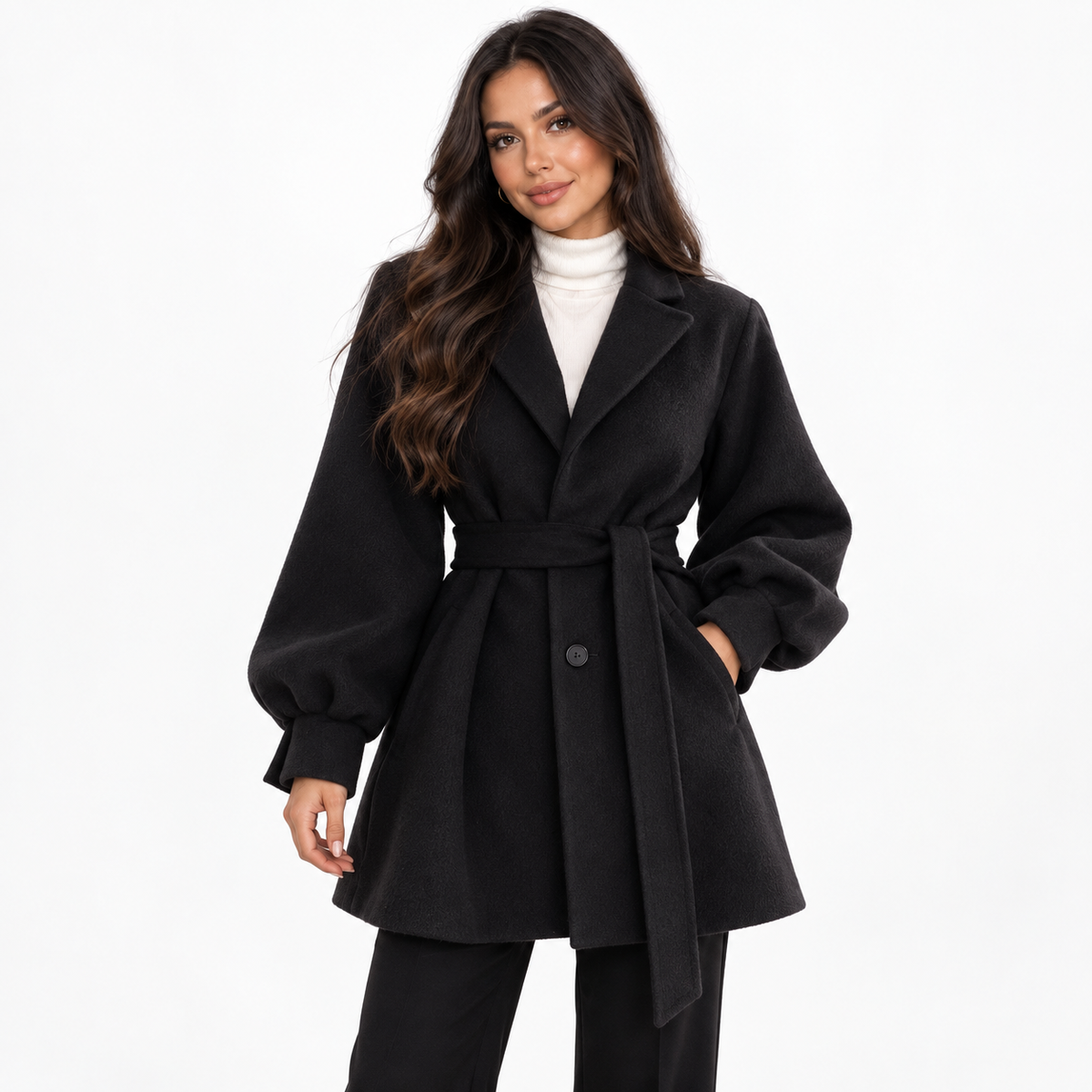 Women's Belted wool-blend-Blend Short Coat