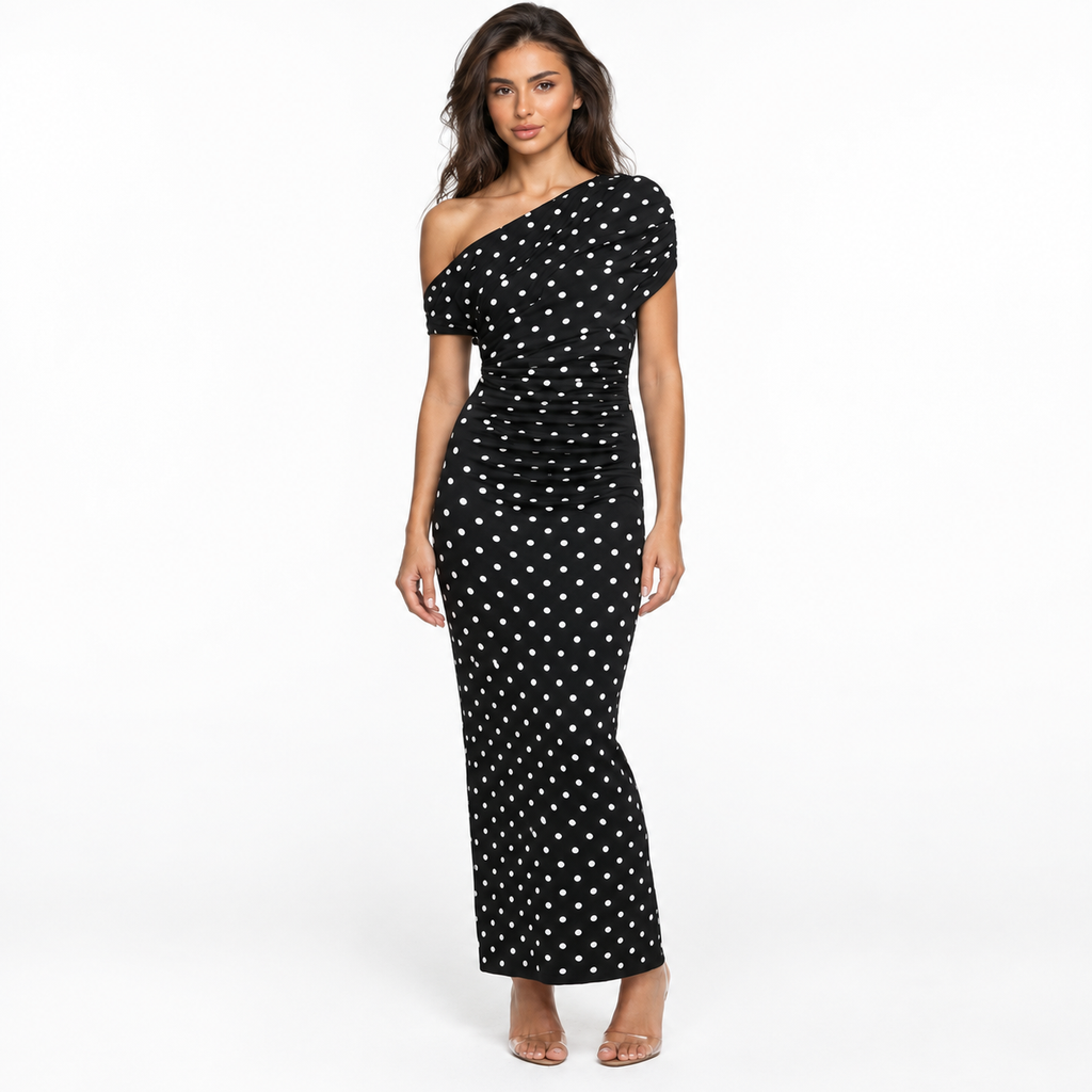 Women's One-Shoulder Polka-Dot Maxi Dress