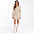 Women's Cable-Knit Mini Dress – Defined-Waist Long-Sleeve Style