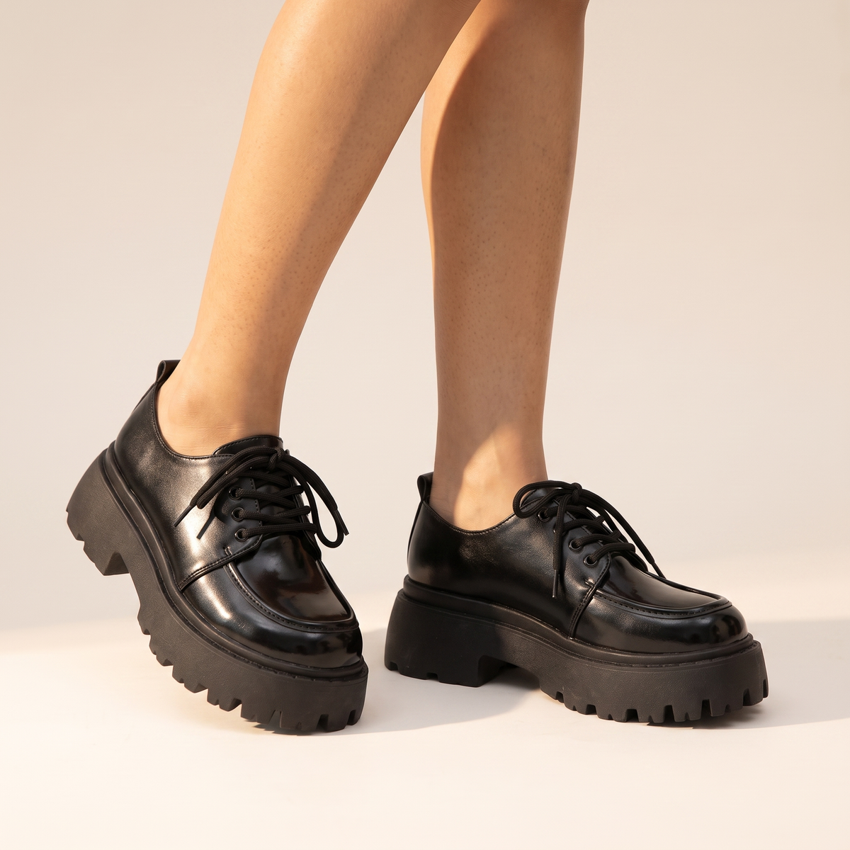 Patent Lace-Up Platform Loafers with Lug Sole