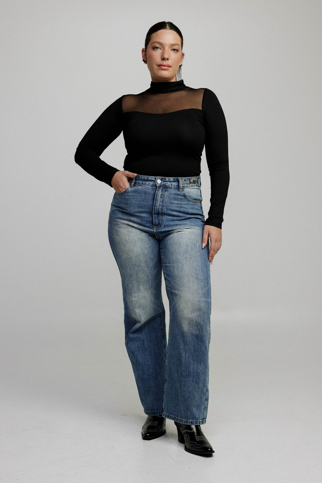 Mesh Panel High-Neck Top in Black - Slim Fit