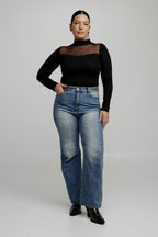 Mesh Panel High-Neck Top in Black - Slim Fit