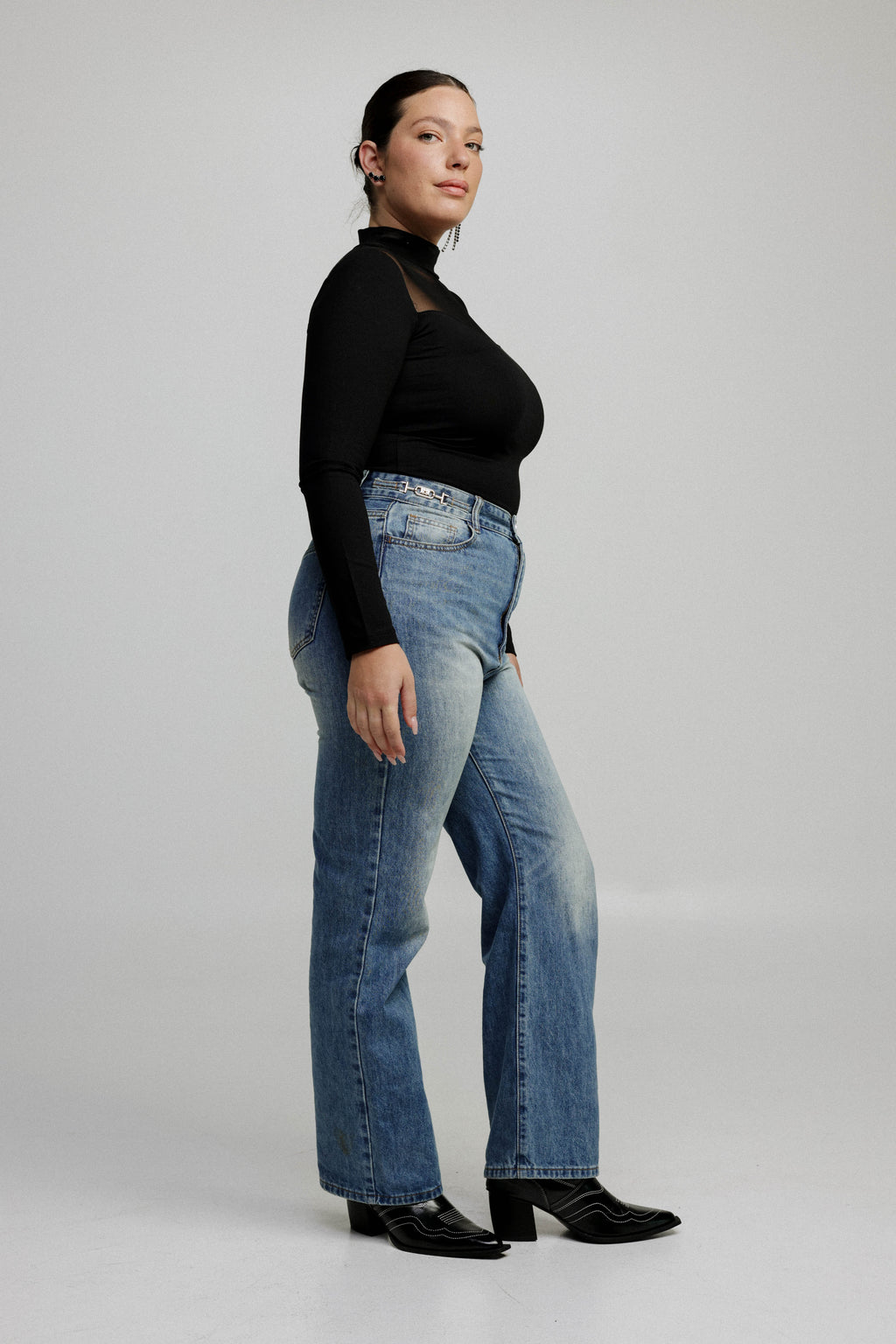 Mesh Panel High-Neck Top in Black - Slim Fit