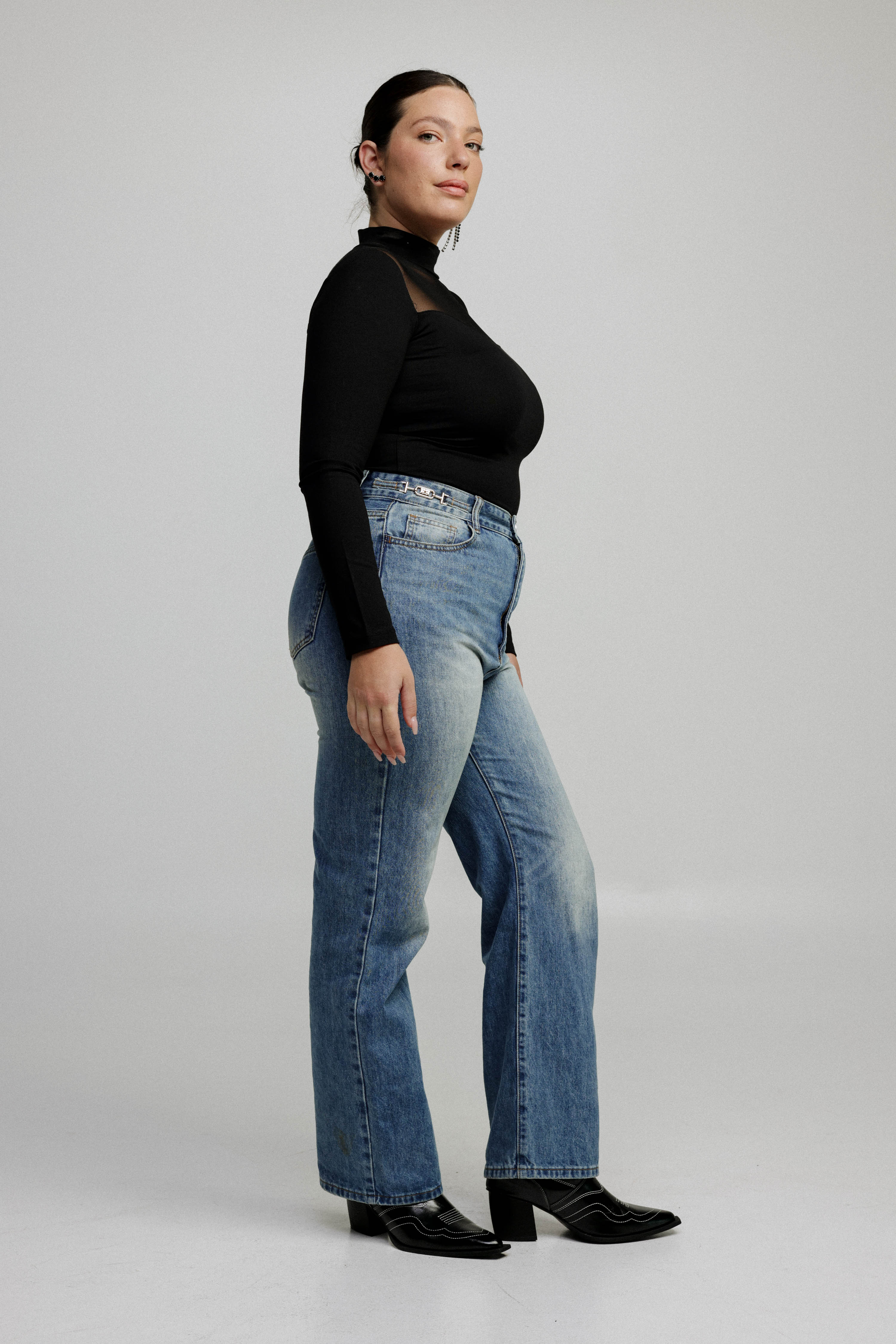 Mesh Panel High-Neck Top in Black - Slim Fit