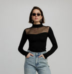 Mesh Panel High-Neck Top in Black - Slim Fit