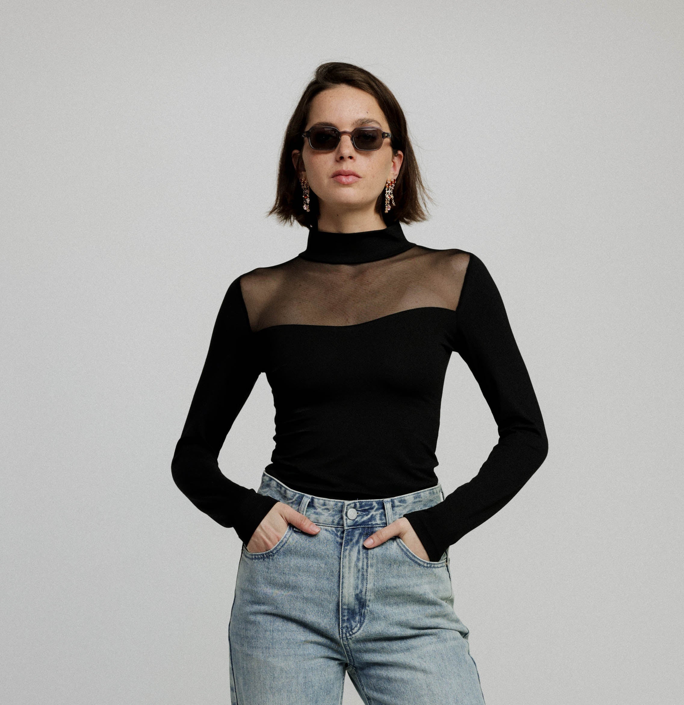Mesh Panel High-Neck Top in Black - Slim Fit