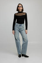 Mesh Panel High-Neck Top in Black - Slim Fit