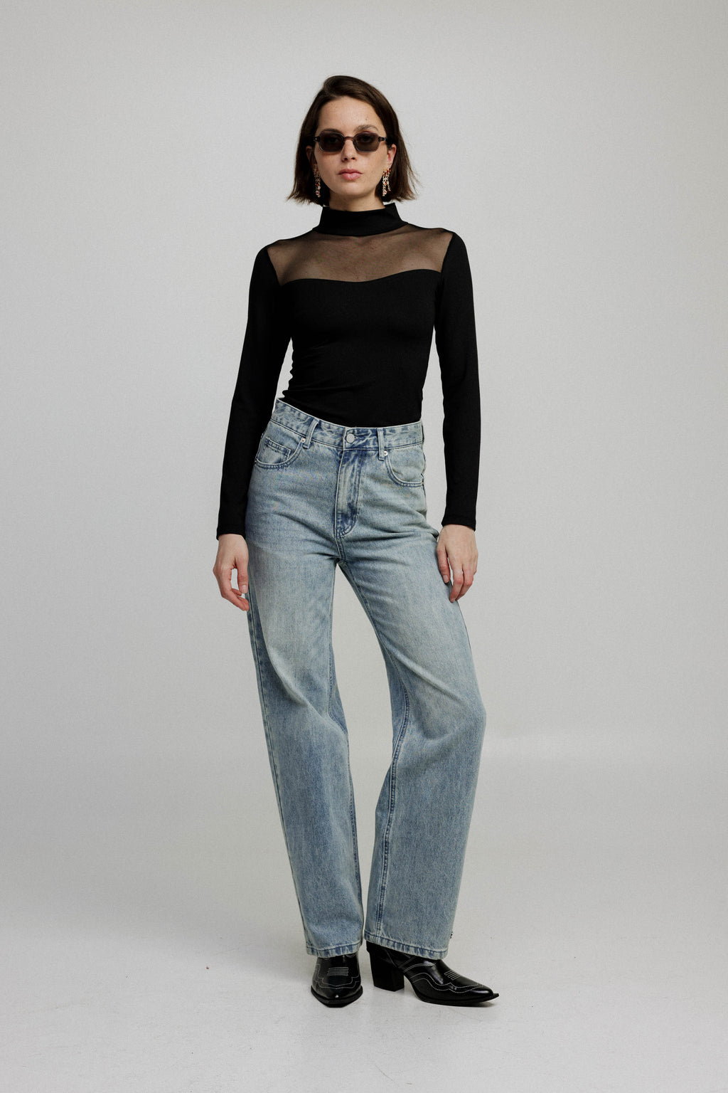 Mesh Panel High-Neck Top in Black - Slim Fit