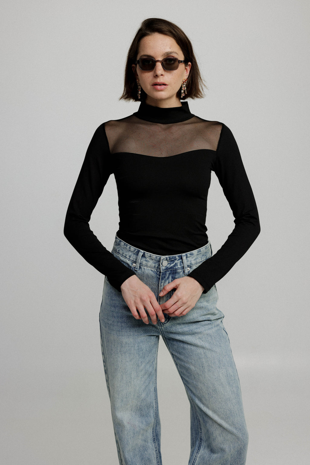 Mesh Panel High-Neck Top in Black - Slim Fit