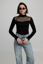 Mesh Panel High-Neck Top in Black - Slim Fit