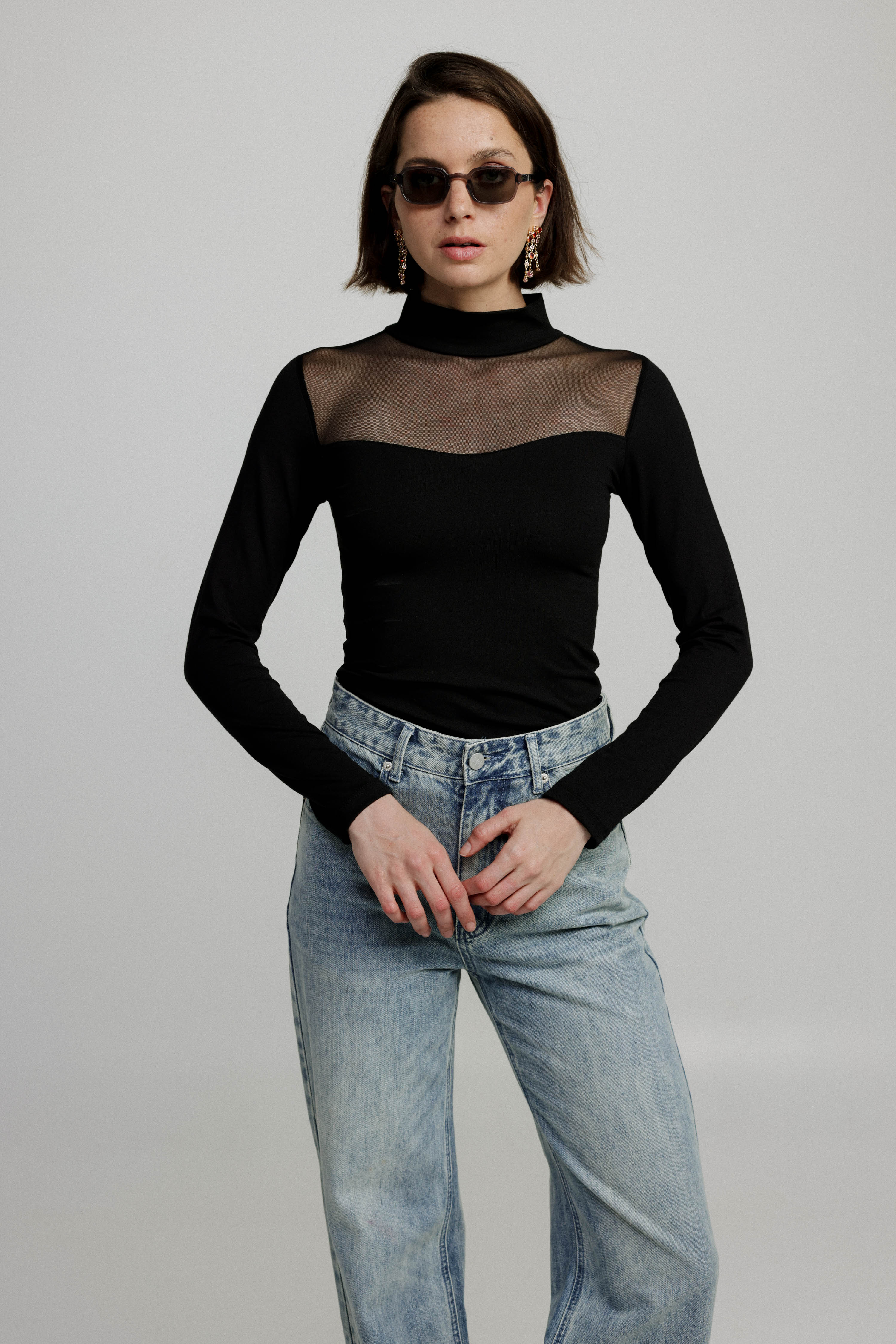 Mesh Panel High-Neck Top in Black - Slim Fit