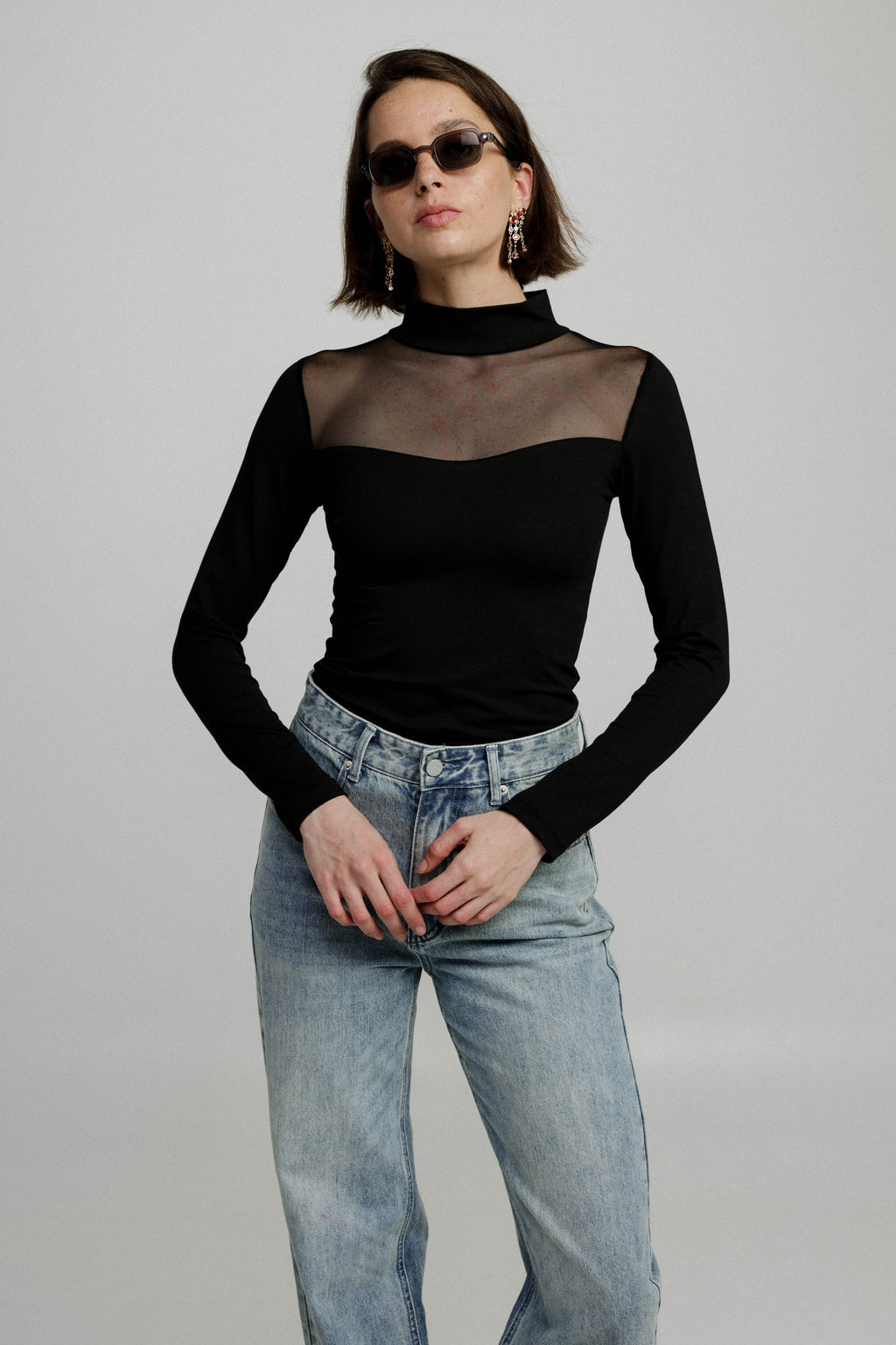 Mesh Panel High-Neck Top in Black - Slim Fit