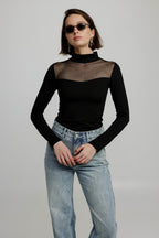 Mesh Panel High-Neck Top in Black - Slim Fit