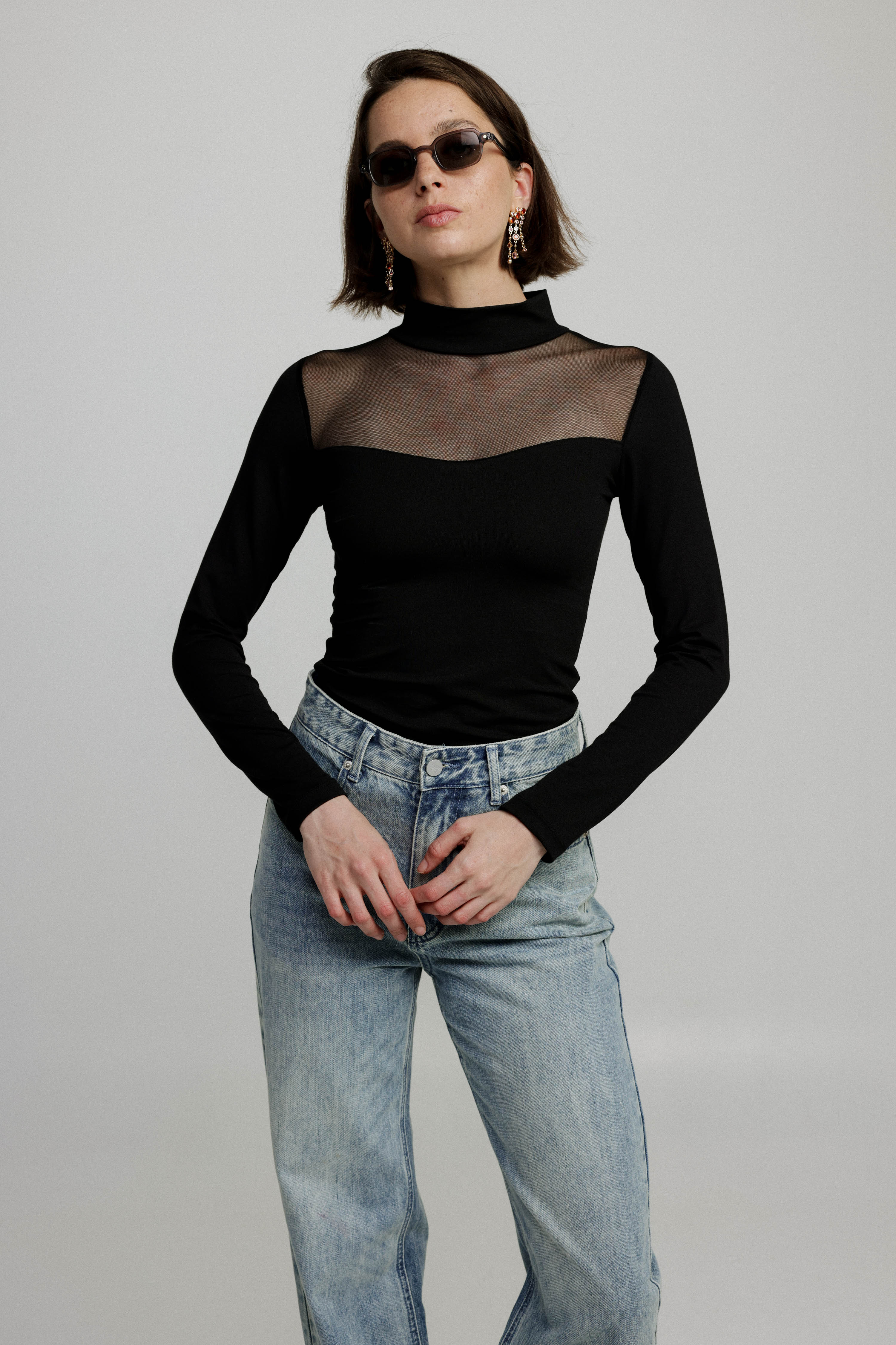 Mesh Panel High-Neck Top in Black - Slim Fit