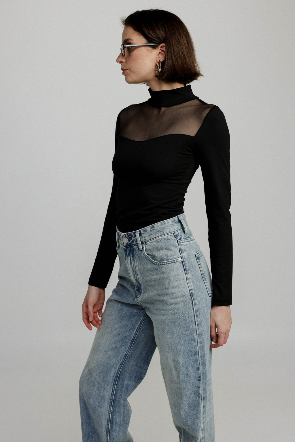 Mesh Panel High-Neck Top in Black - Slim Fit