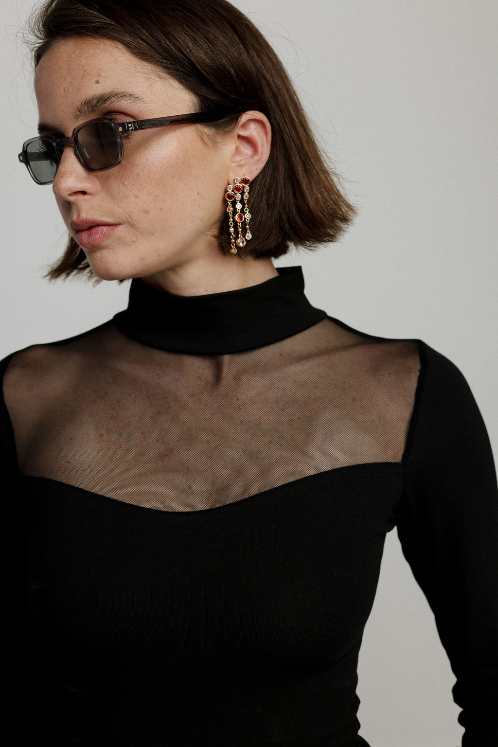 Mesh Panel High-Neck Top in Black - Slim Fit