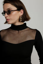 Mesh Panel High-Neck Top in Black - Slim Fit
