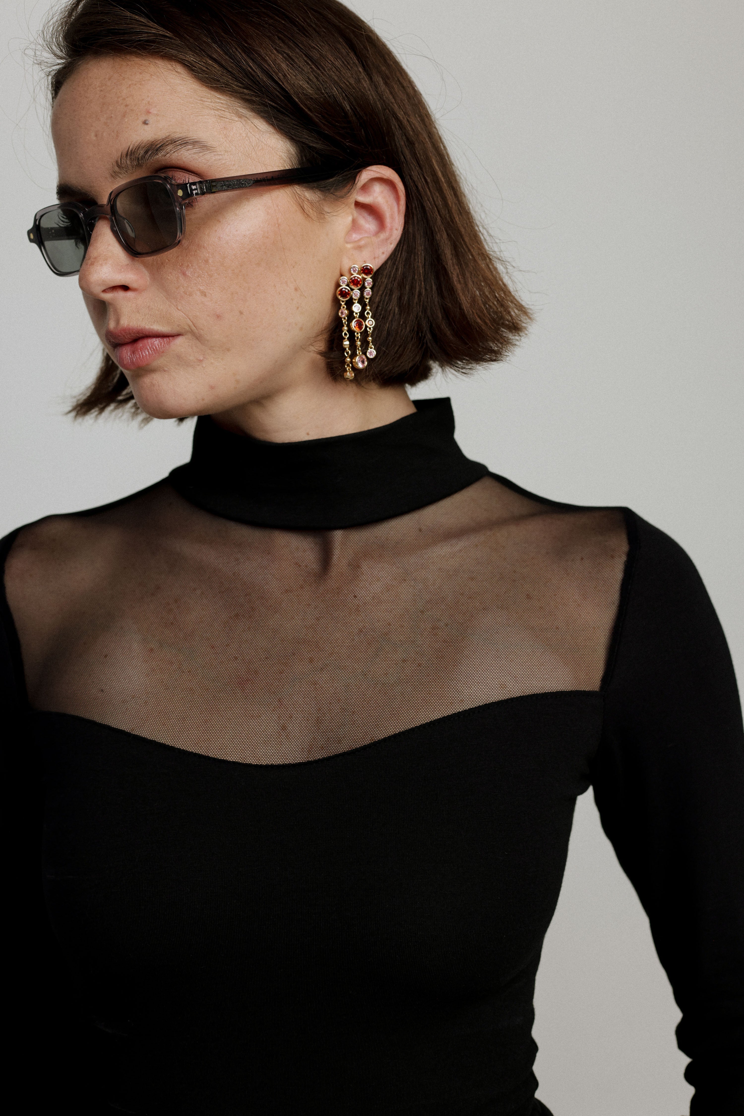 Mesh Panel High-Neck Top in Black - Slim Fit