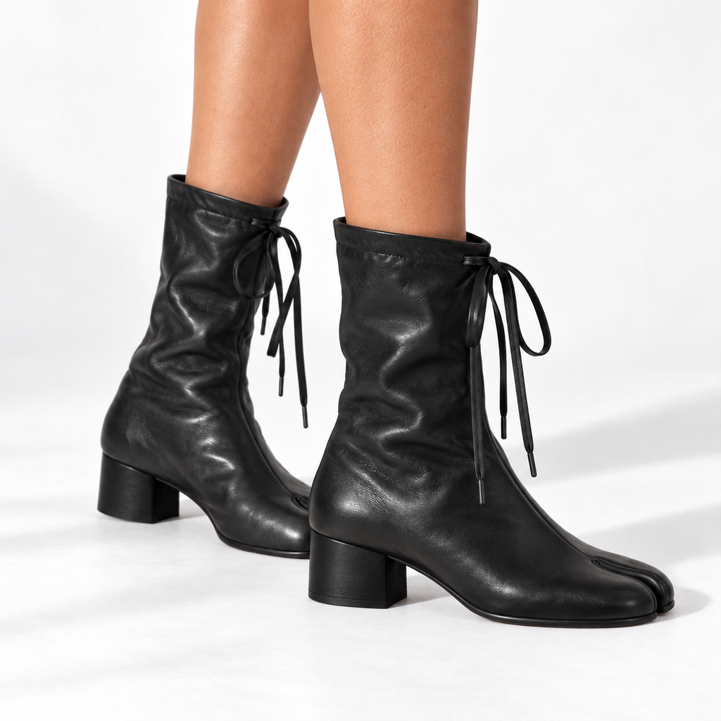 Women's Mid-Calf Split-Toe Boots – Lace-Tie Low Block-Heel Style
