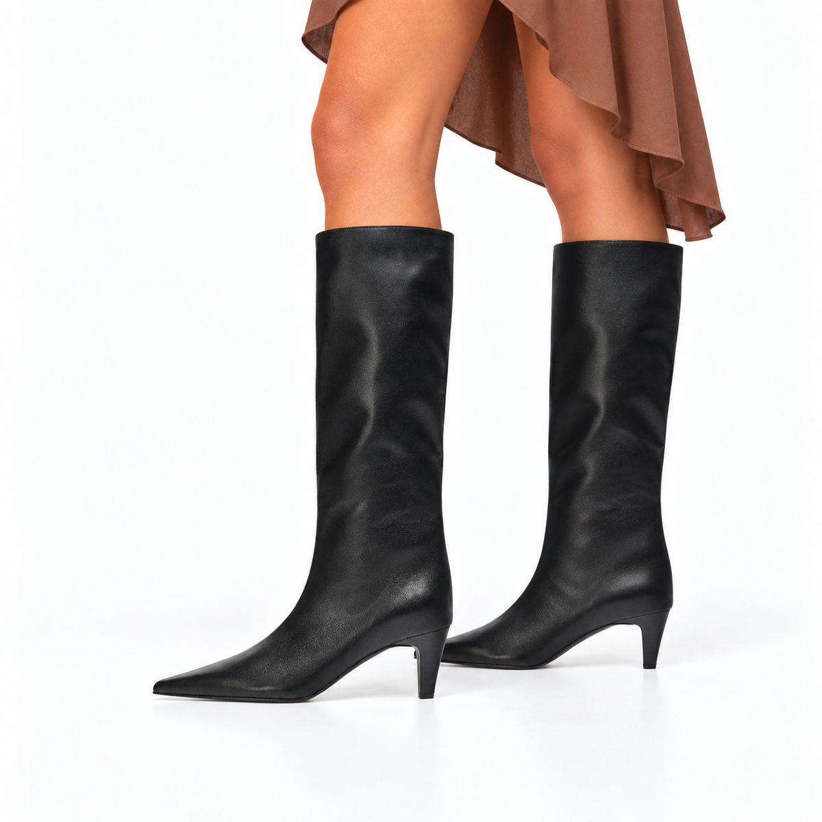 Women's Knee-High Faux Leather Boots – Pointed-Toe Slim-Heel Pull-On Style