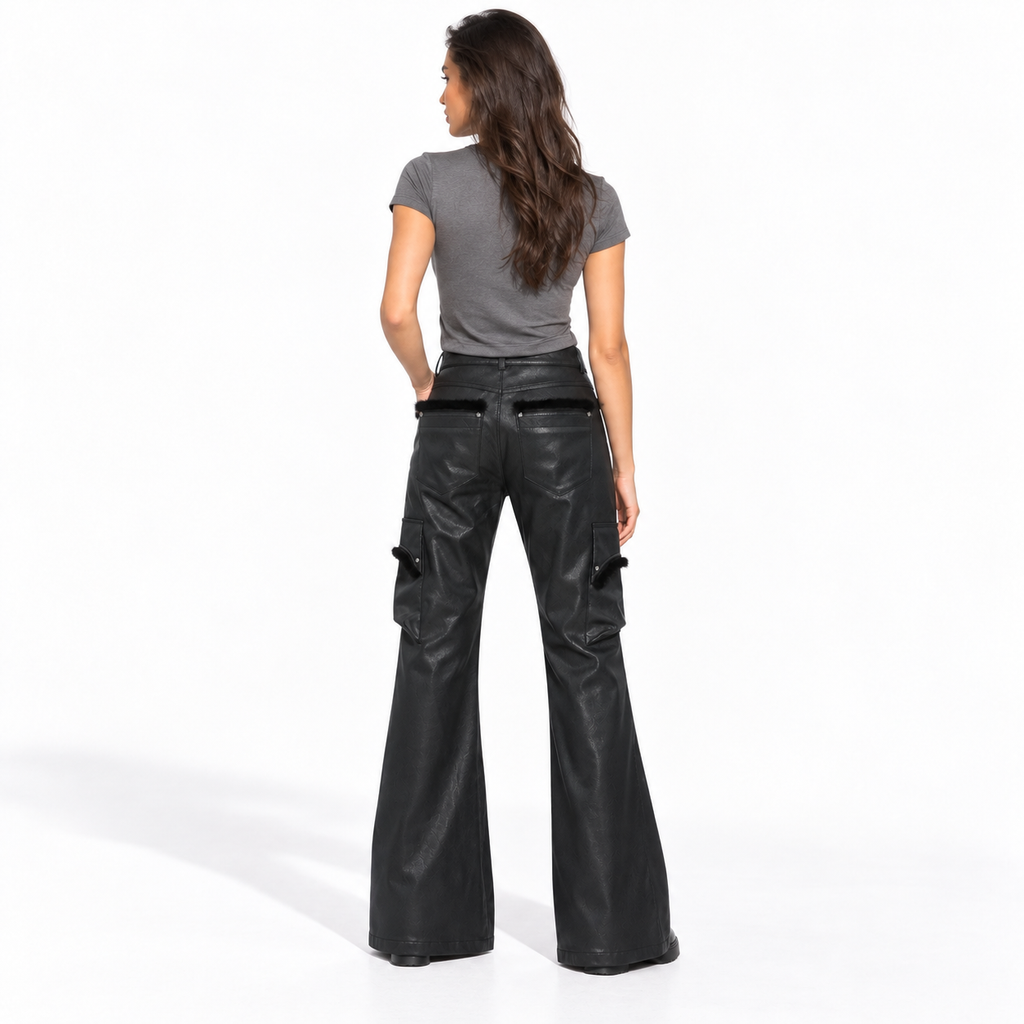 Women's Low-Rise Faux Leather Flared Cargo Trousers