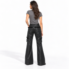 Women's Low-Rise Faux Leather Flared Cargo Trousers