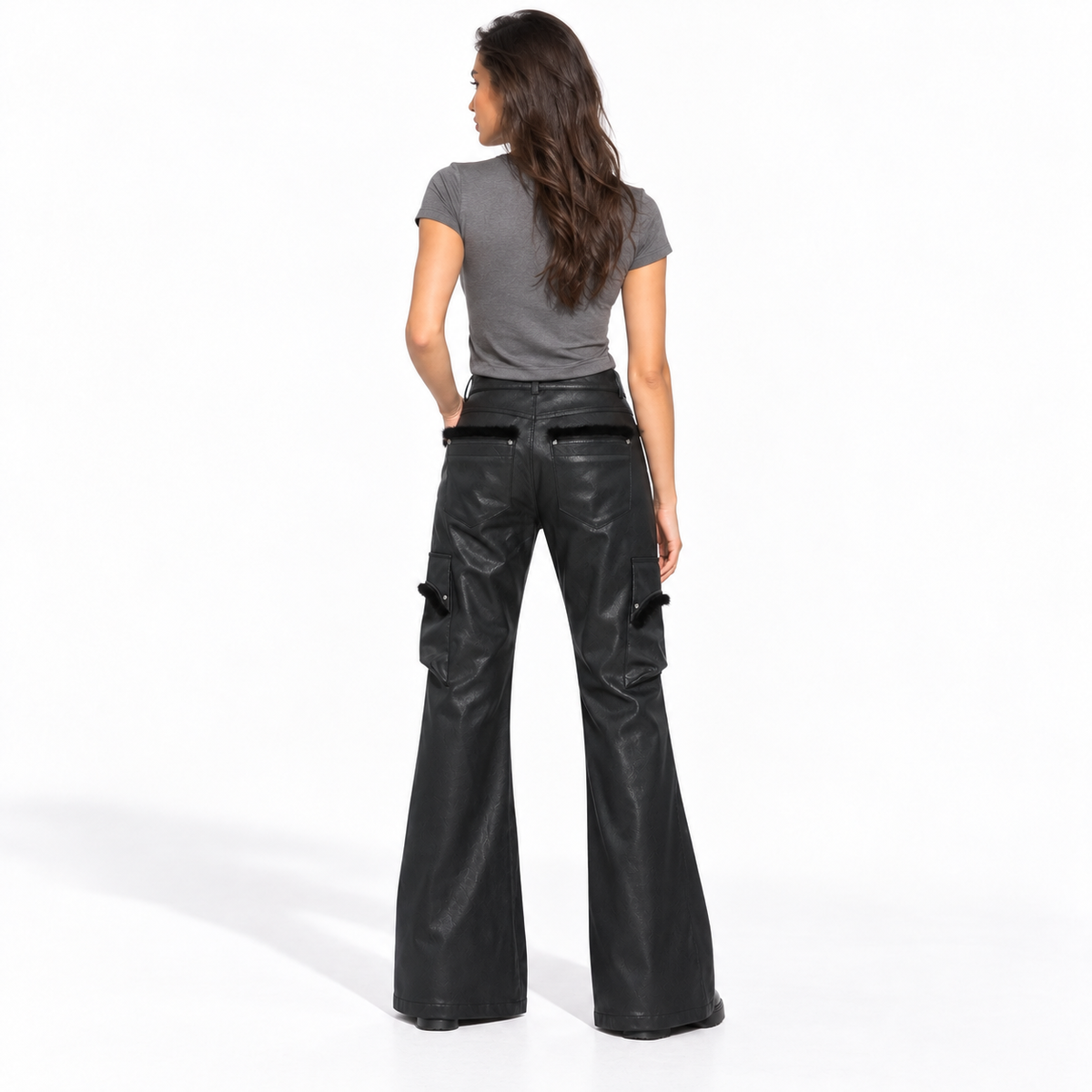 Women's Low-Rise Faux Leather Flared Cargo Trousers