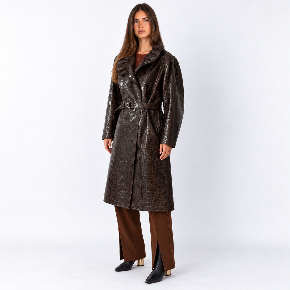 Women's leather-look Trench Coat with Wide Buckled Belt
