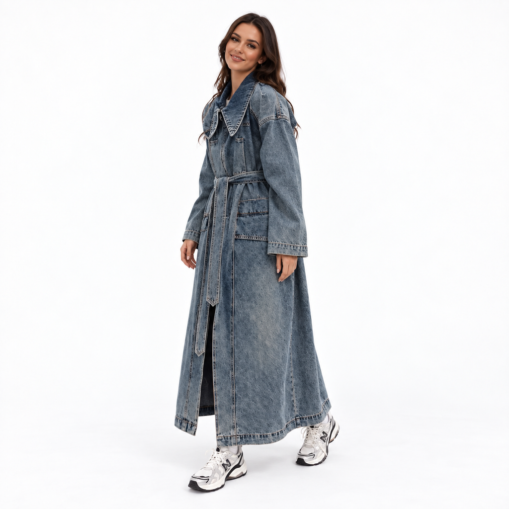 Women's Long Denim Trench Coat with Oversized Collar and Tie Belt