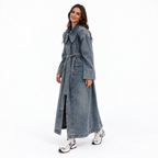 Women's Long Denim Trench Coat with Oversized Collar and Tie Belt