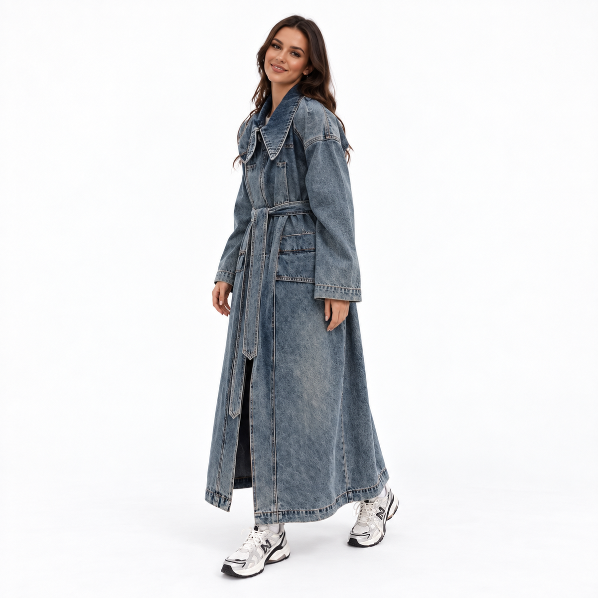 Women's Long Denim Trench Coat with Oversized Collar and Tie Belt