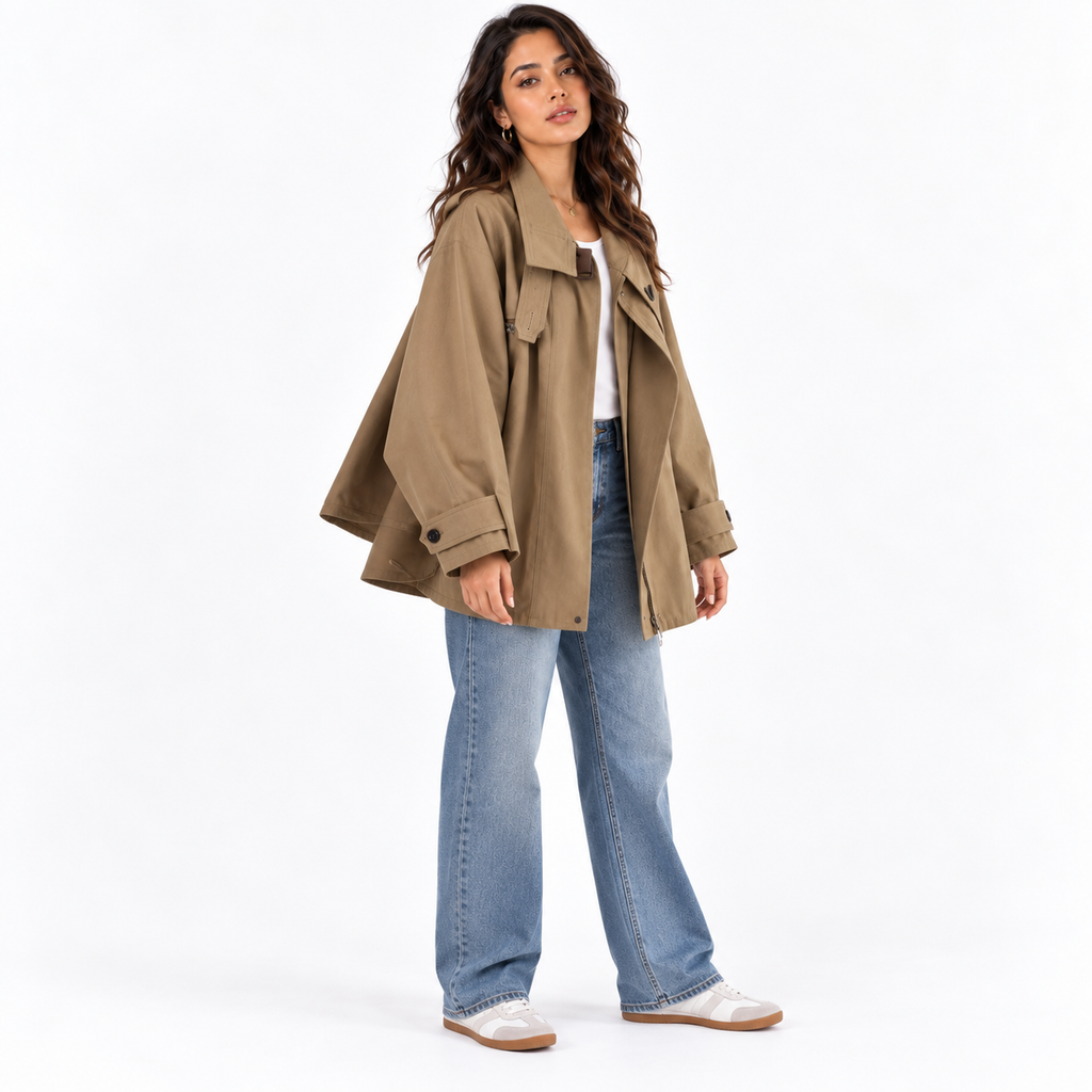 Women's Short Cape-Style Trench Jacket – Cotton Relaxed Layer