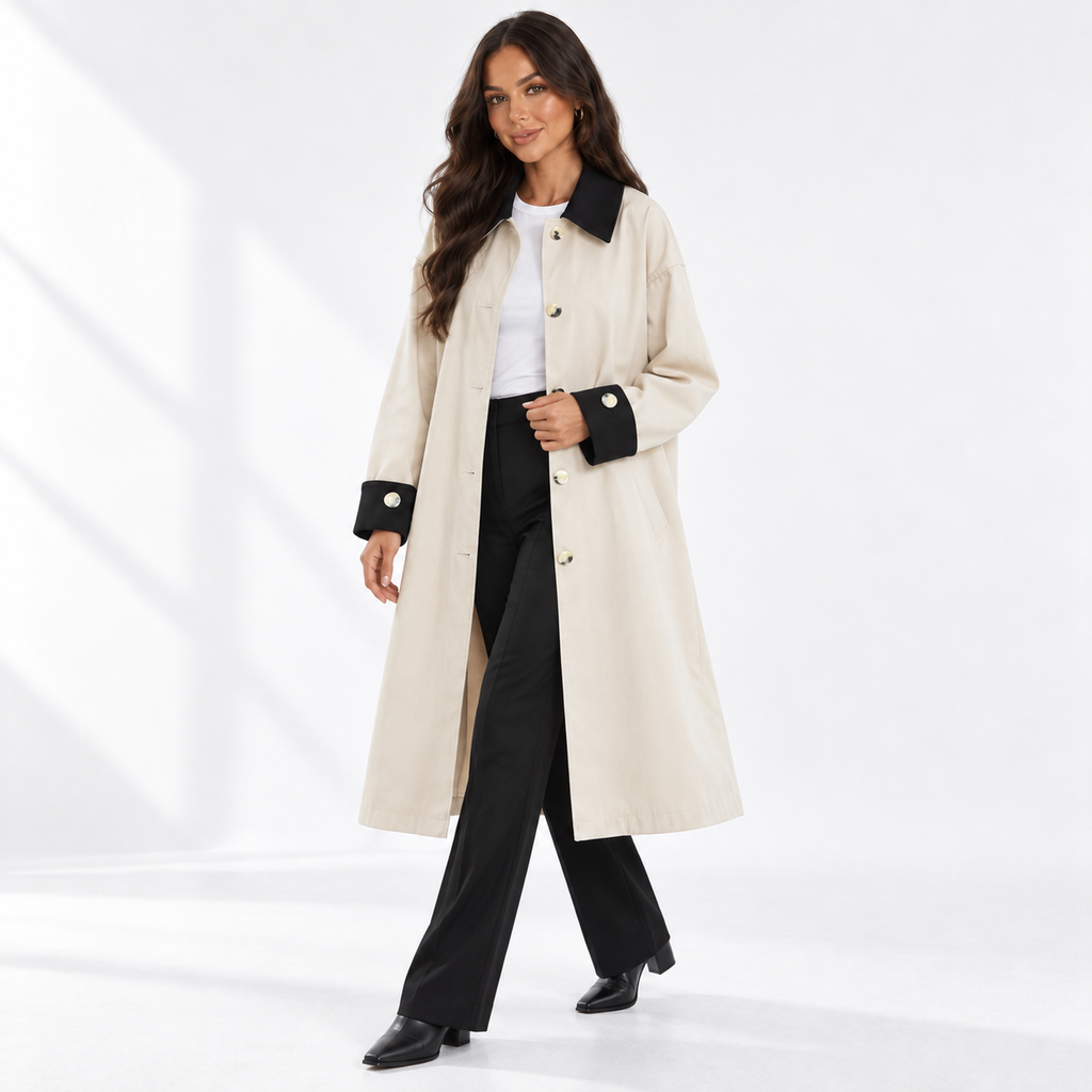 Women's Cotton-Blend Trench Coat with Pointed Collar and Buttoned Cuffs