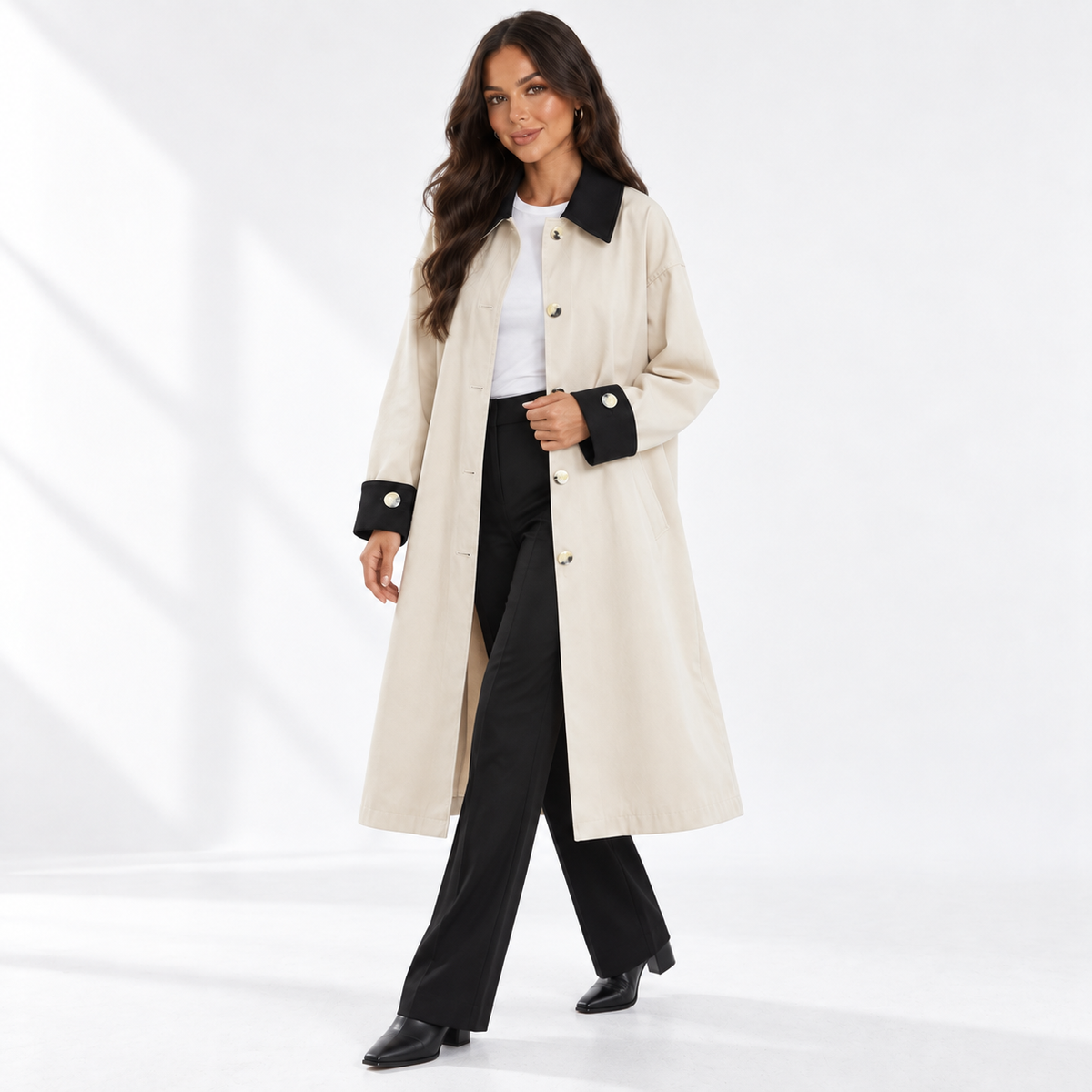 Women's Cotton-Blend Trench Coat with Pointed Collar and Buttoned Cuffs