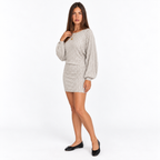 Women's Ribbed Knitted Mini Dress – Asymmetric-Hem Long-Sleeve Style