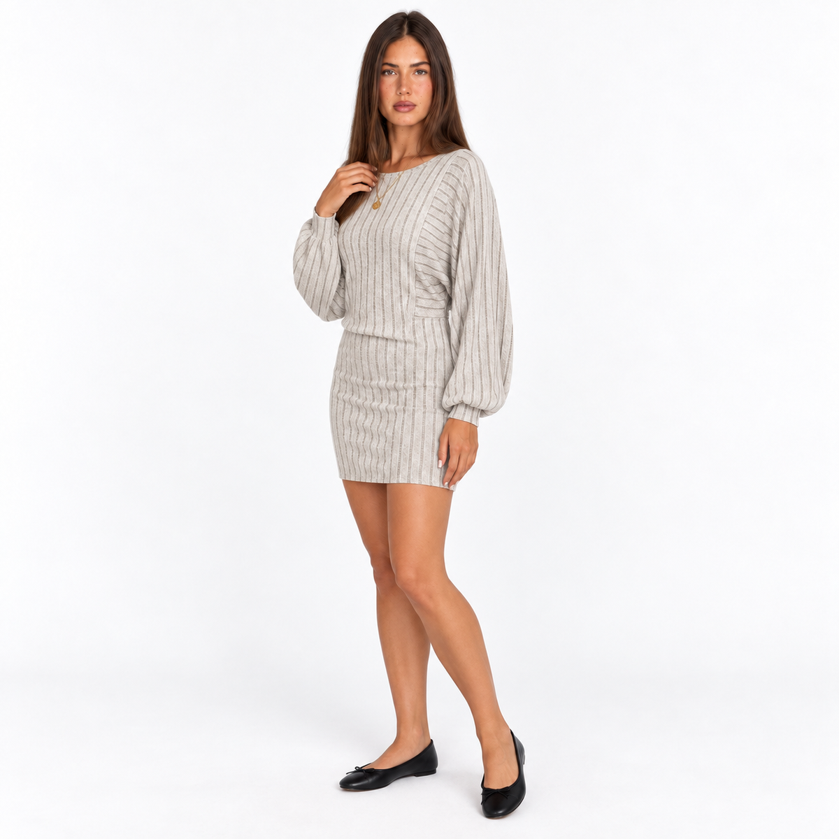 Women's Ribbed Knitted Mini Dress – Asymmetric-Hem Long-Sleeve Style