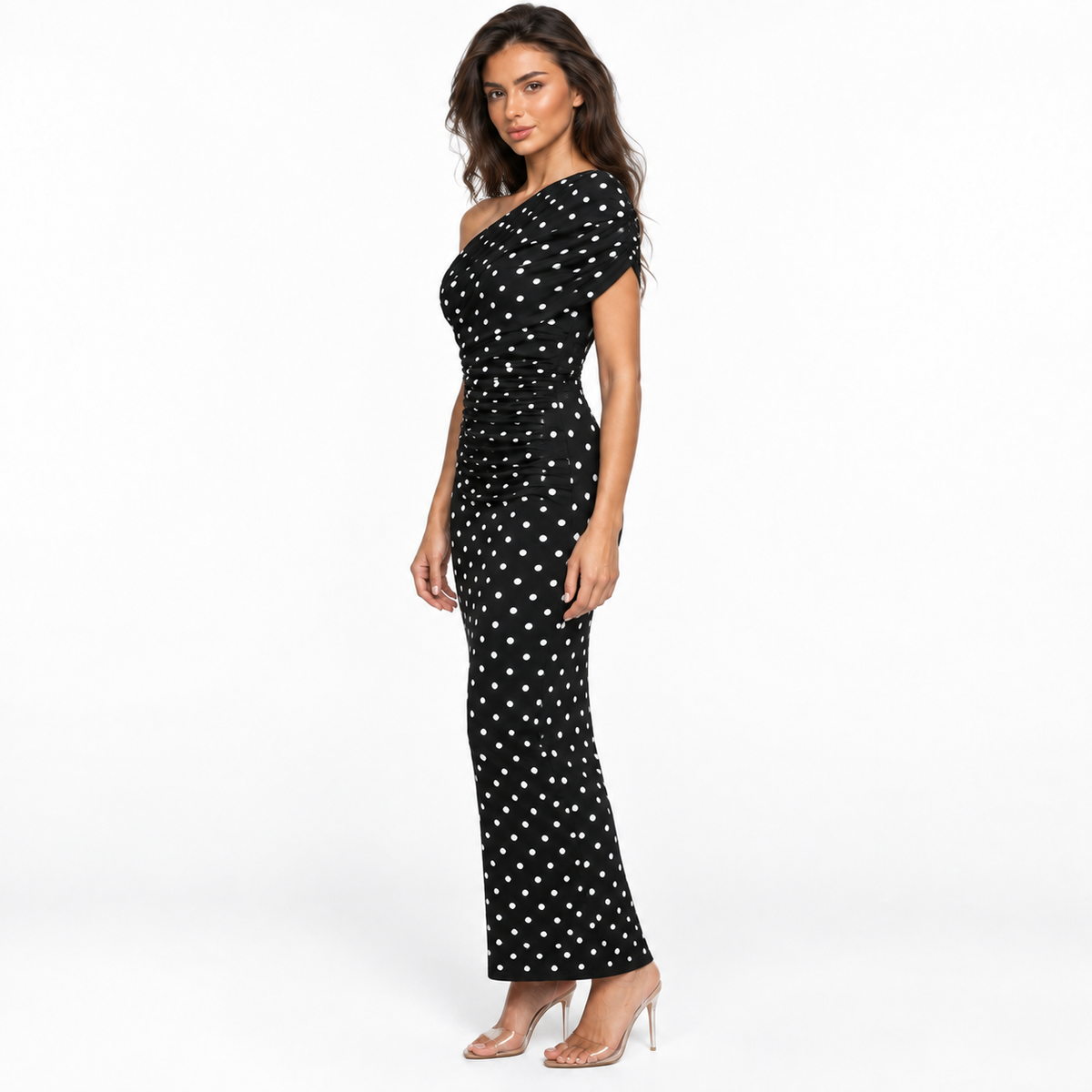 Women's One-Shoulder Polka-Dot Maxi Dress