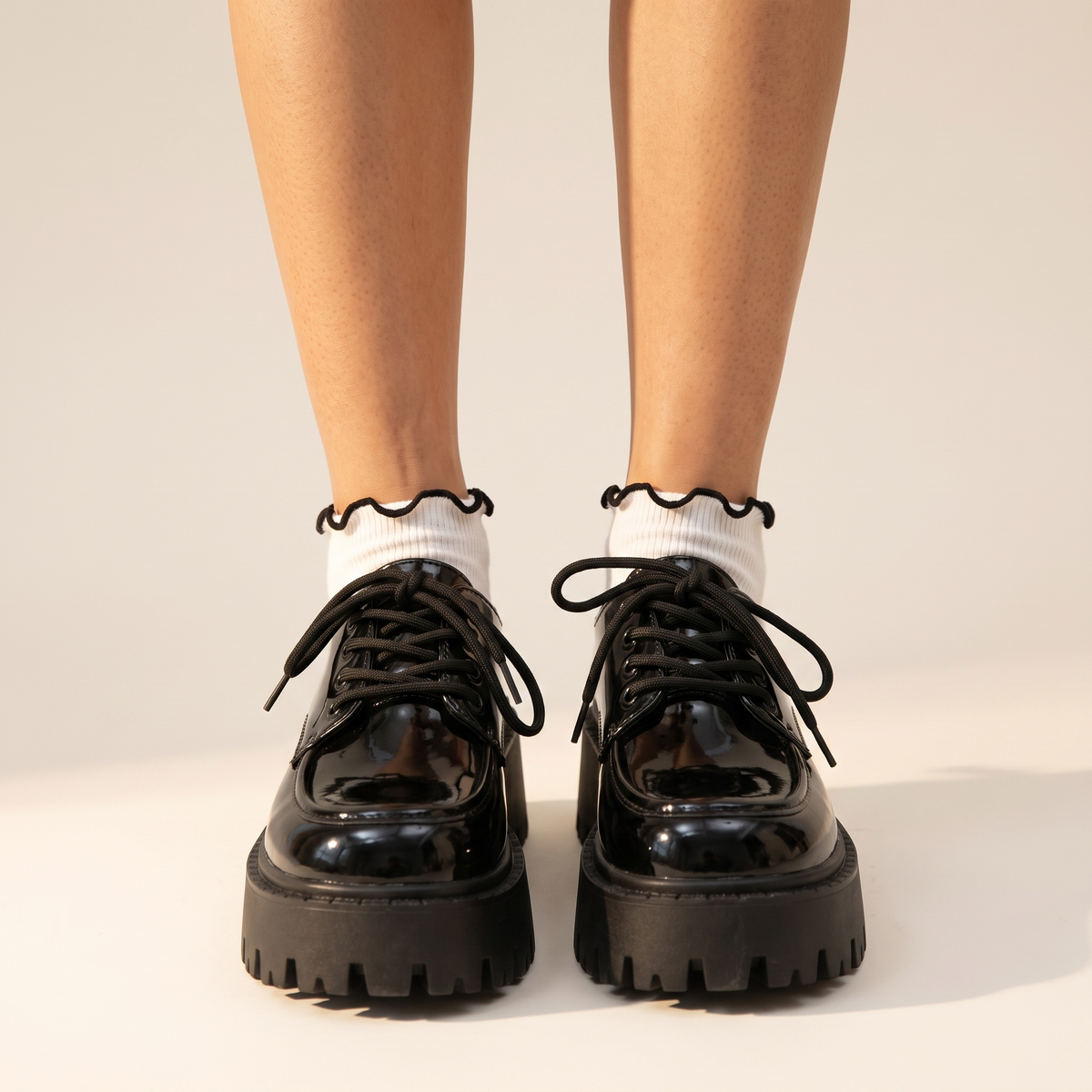 Patent Lace-Up Platform Loafers with Lug Sole