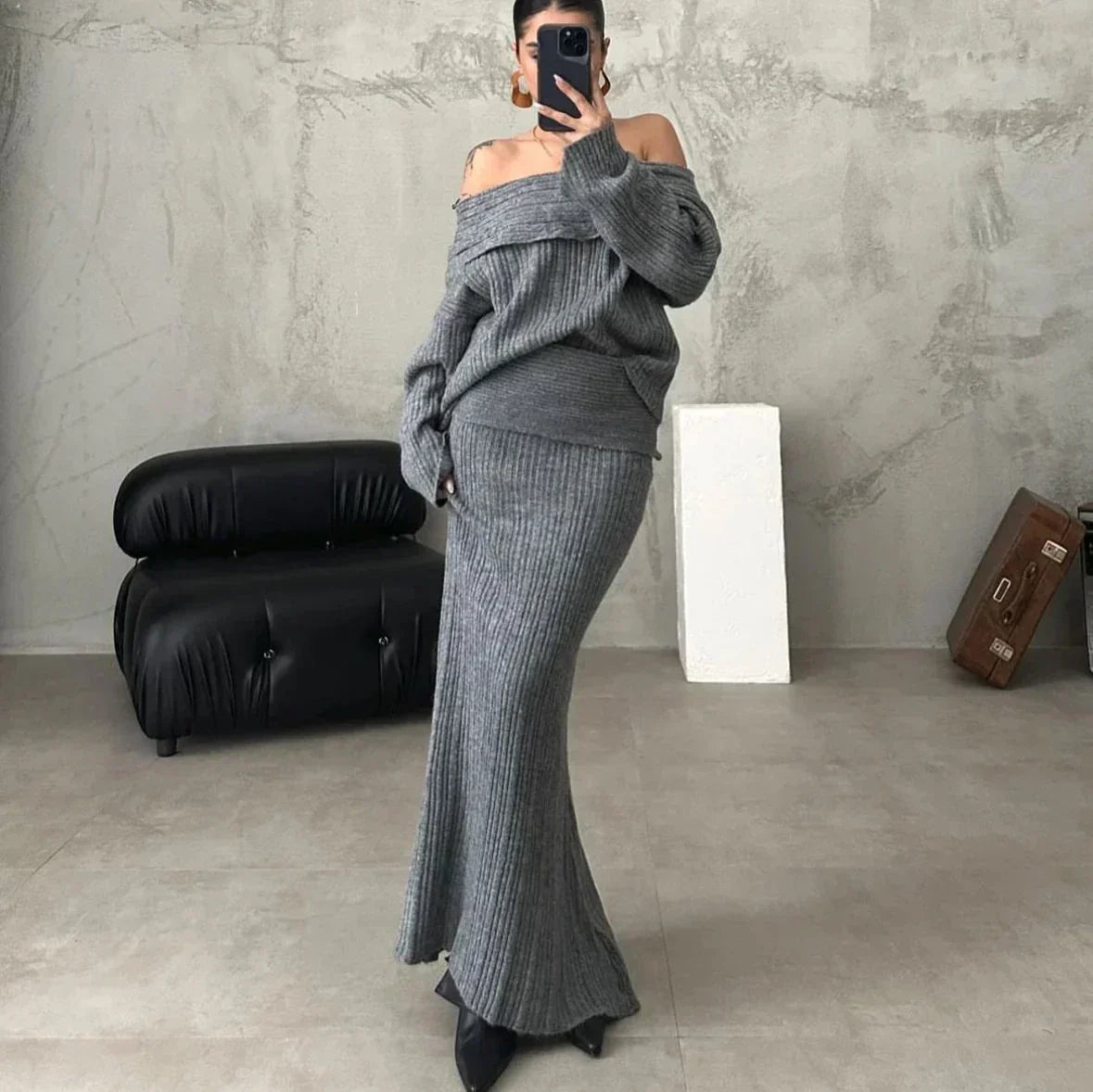 Women's Off-Shoulder Ribbed Knit Jumper and Fitted Maxi Skirt Set